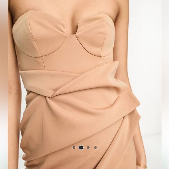 ASOS Design Cupped Bandeau Manipulated Pleat Midi Pencil Dress in Caramel NWT - Picture 4 of 8